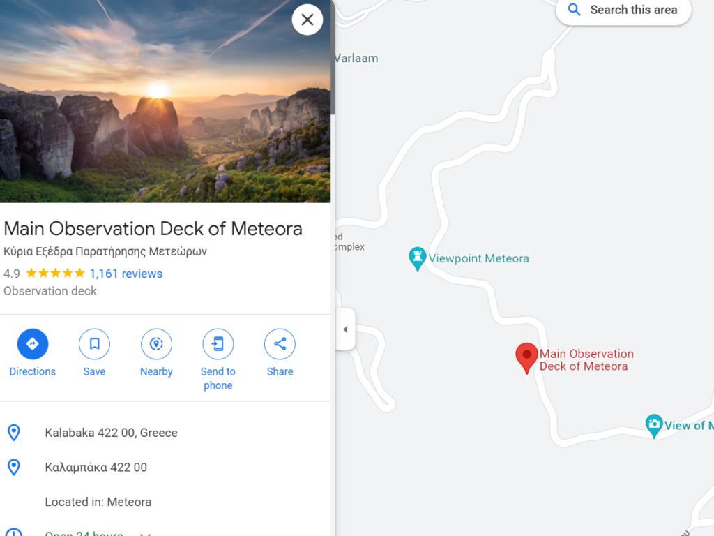 Meteora map of where to see the sunset