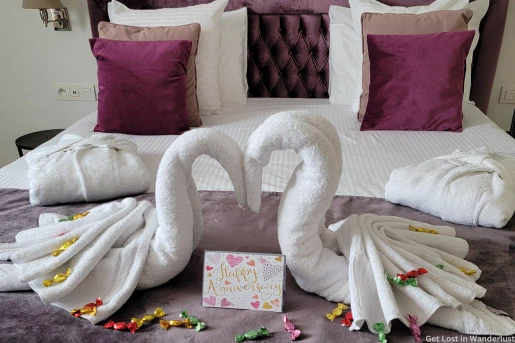 Our room at Dukes Academie Brugge - The staff even decorated it for our wedding anniversary!