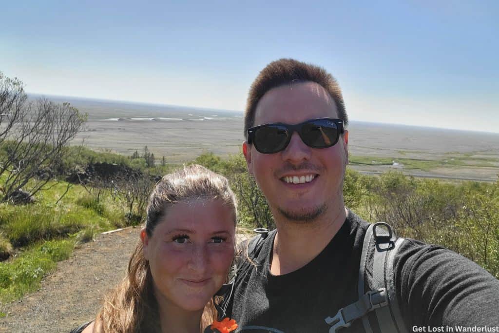 Selfie of two people hiking in Iceland