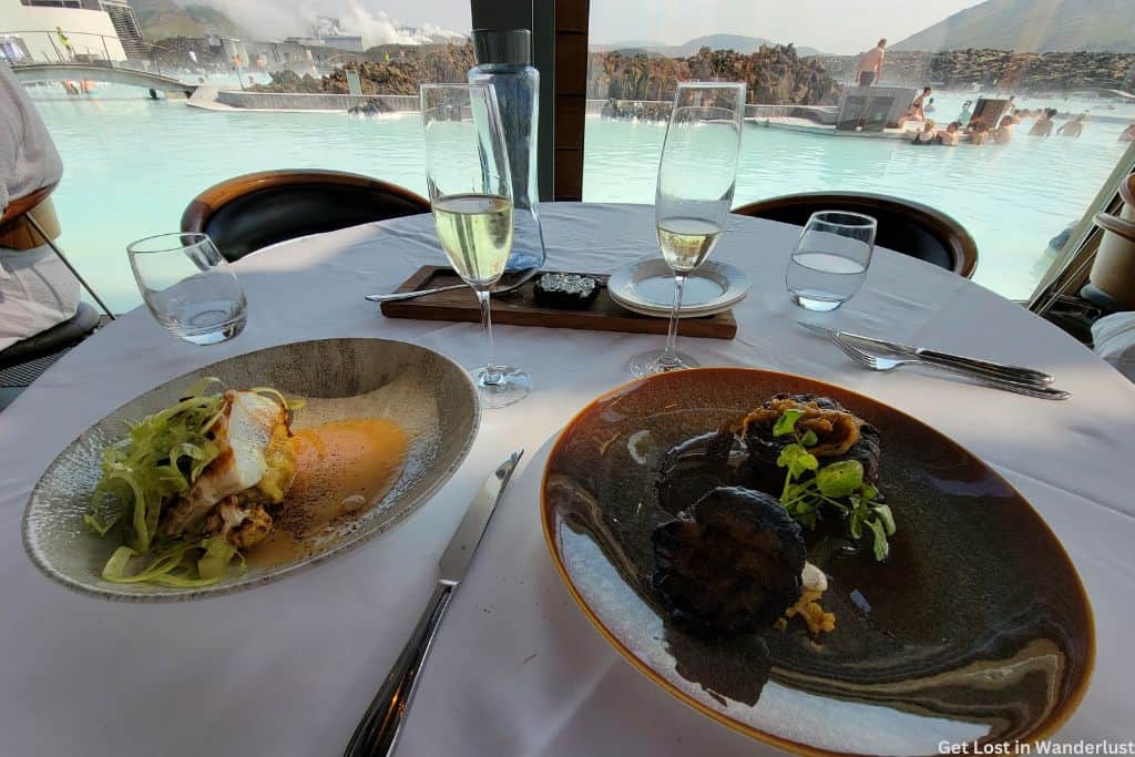 Fresh seafood meal with champagne overlooking the Blue Lagoon