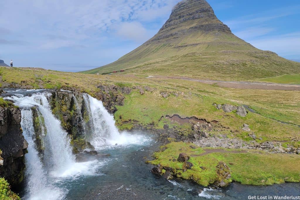 View of the Kirkjufell Mountain and Kirkjufellsfoss Waterfall.