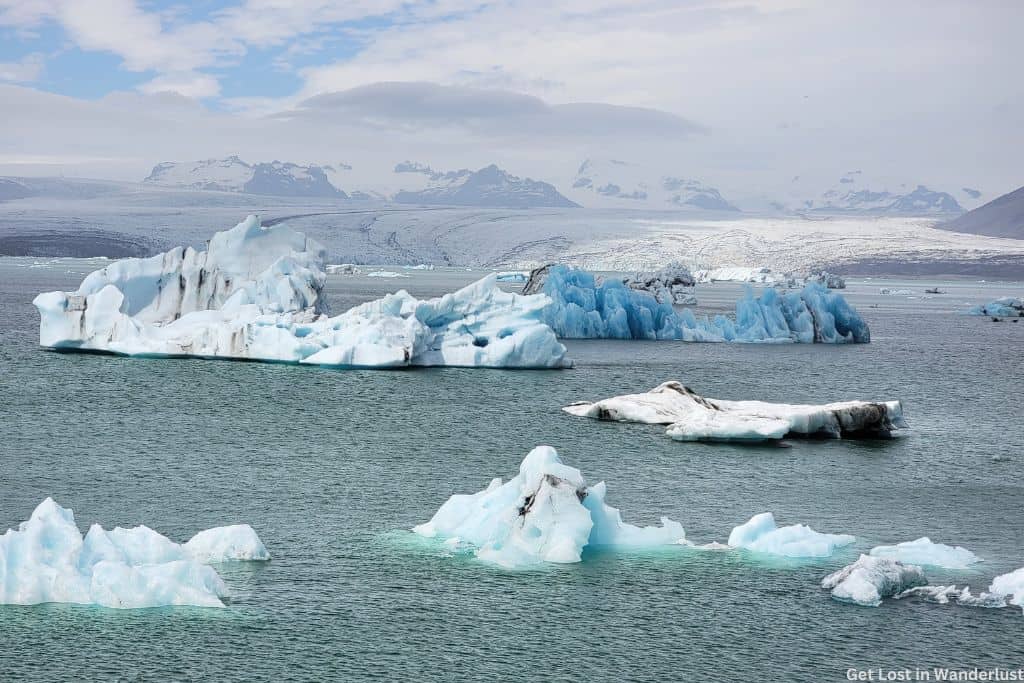 Glacier Lagoon filled with giant icebergs.