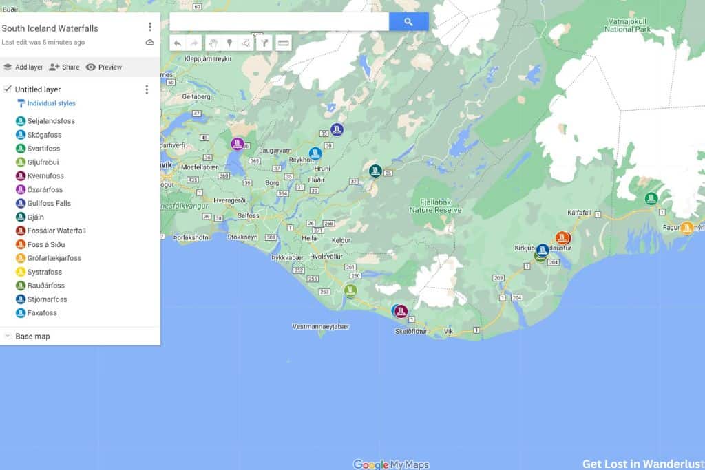Map of the waterfalls in south Iceland
