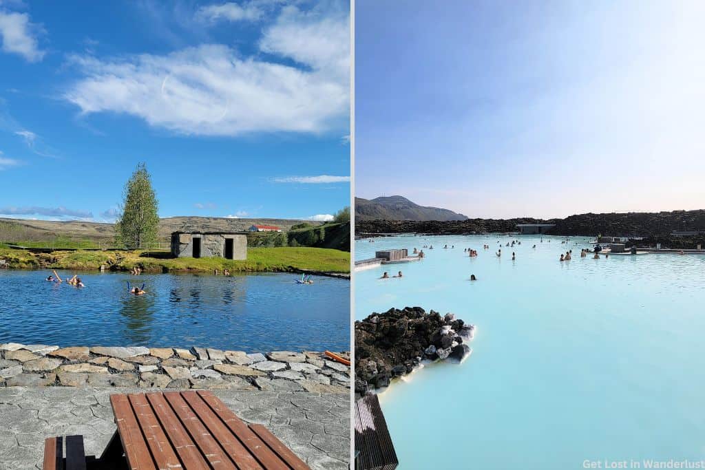 A side by side comparison of the Secret Lagoon vs Blue Lagoon. On the left is a photo of the Secret Lagoon and on the right is the Blue Lagoon.