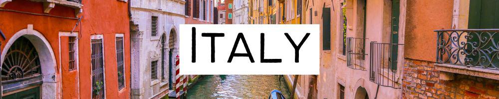 Text reading "Italy" with Italian canal and colorful houses in the background