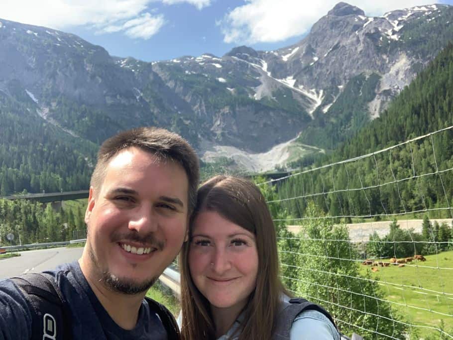 Photo is of us (Amber and Dylan) with the Swiss Alps in the background.