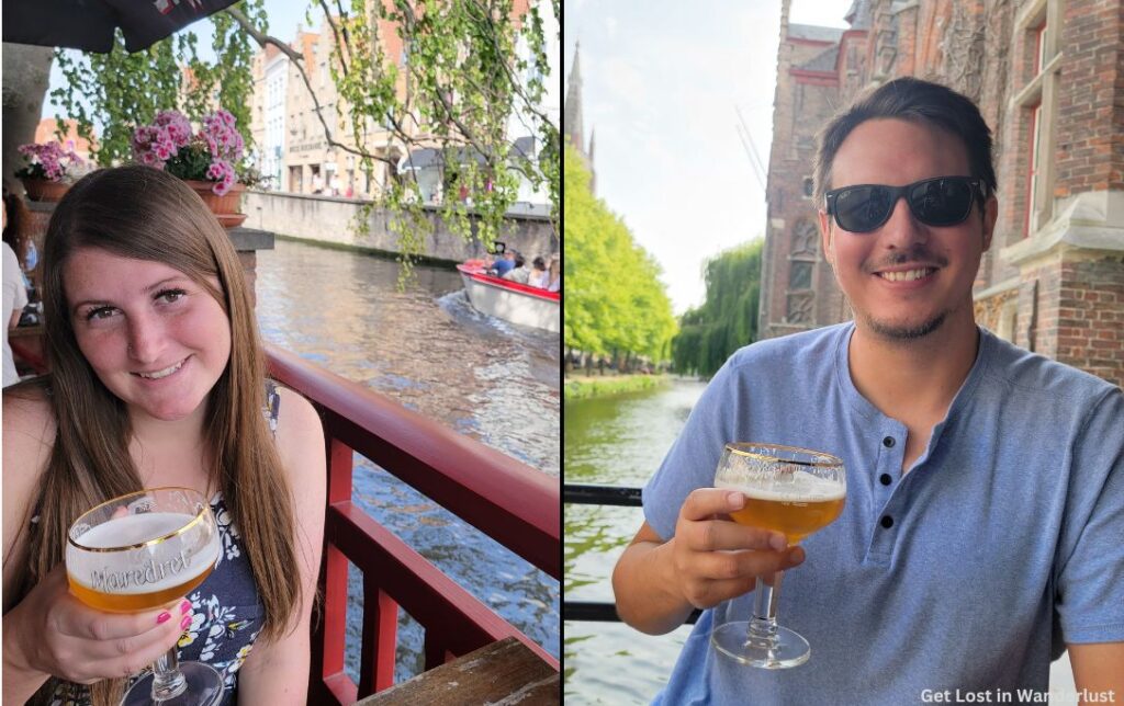 Us on the outdoor patio at Bourgogne des Flandres in Bruges.