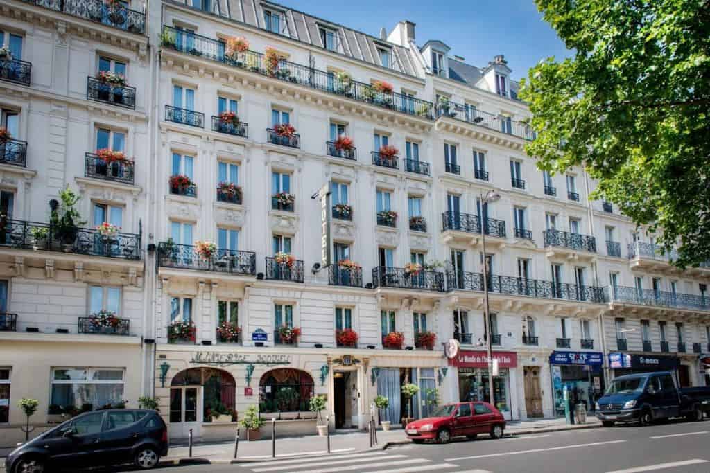 Front of Hotel Minerve in the Latin Quarter of Paris, one of the safest areas to stay in the city.