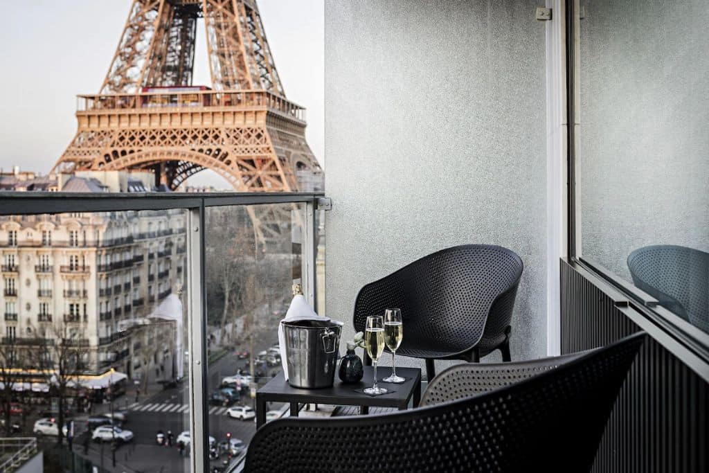 Balcony facing the Eiffel Tower at the Pullman Paris hotel