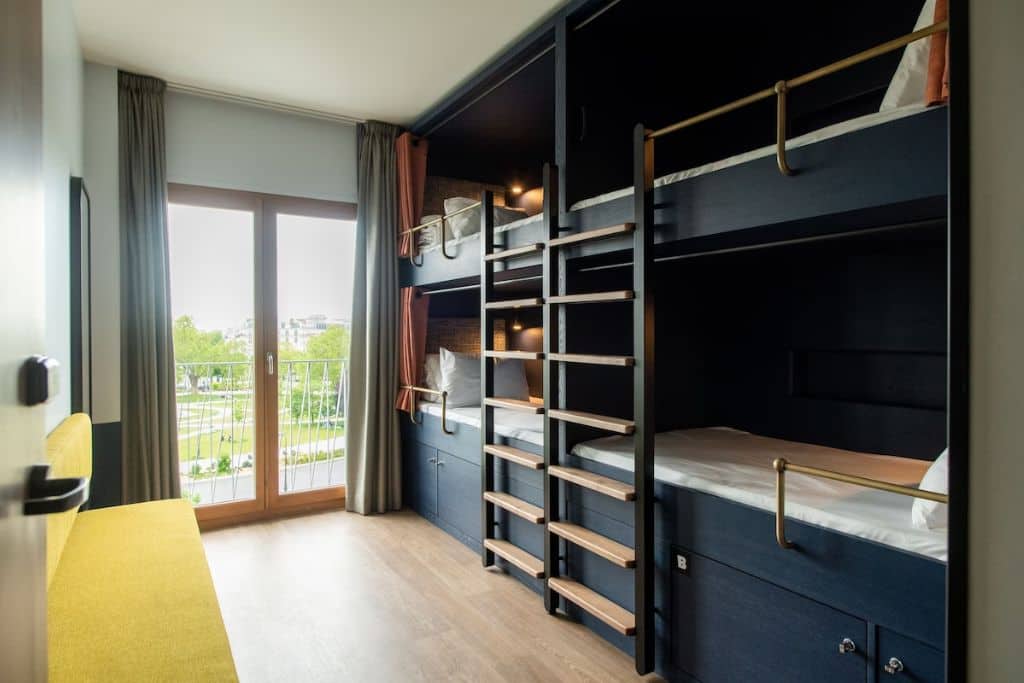 Hostel room in Paris showing 4 bunk beds