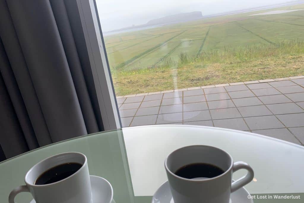 Coffee with a view of Iceland from our room at the Black Beach Suites