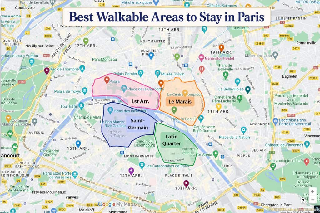 Map showing where to stay in Paris to walk everywhere, highlighting Saint-Germain-des-Prés, Le Marais, the Latin Quarter, and the 1st Arrondissement near top Paris attractions.