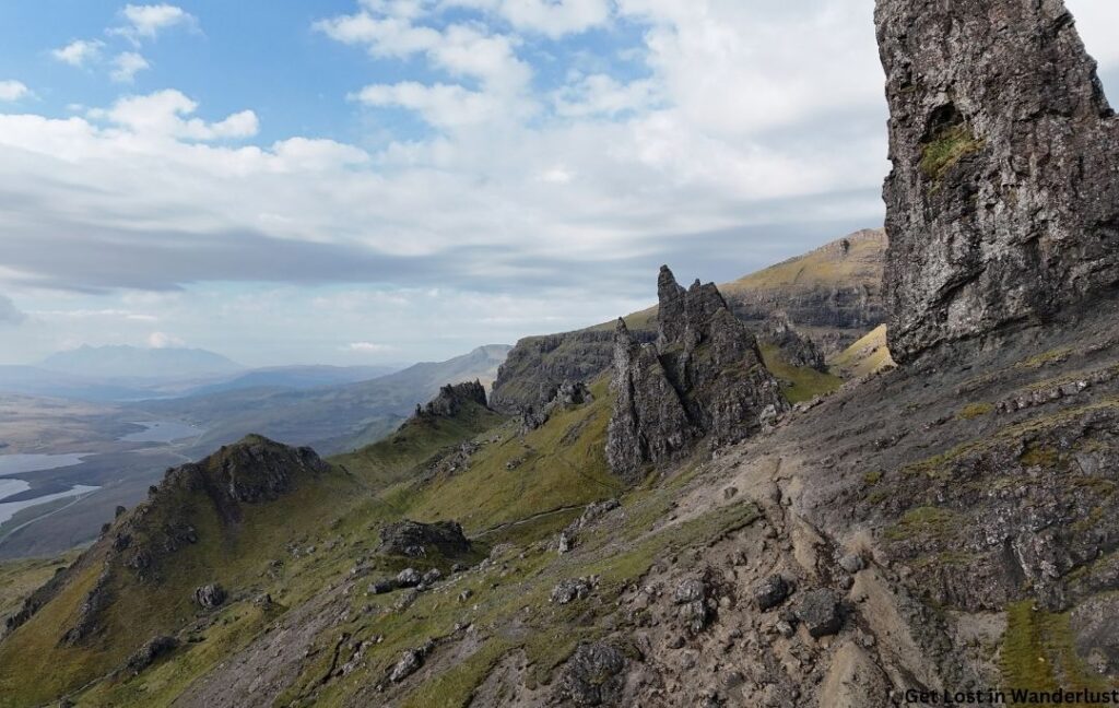 Panoramic view of the scenic landscape while hiking the trail to the Old Man of Storr