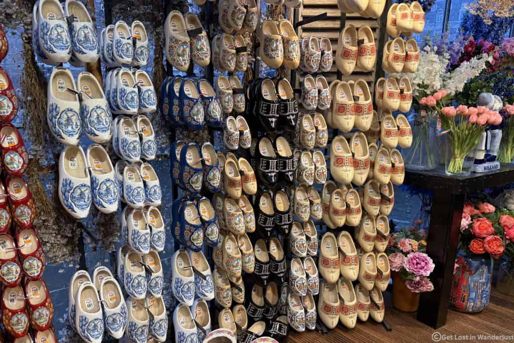 Traditional Dutch clogs, or klompen sold at the flower market in Amsterdam.