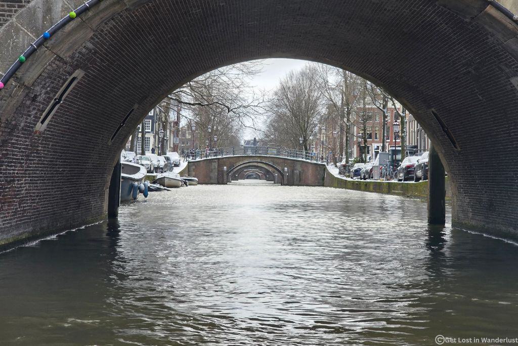 Famous view of the Amsterdam canals, best seen in winter when there aren't other boats in the way.