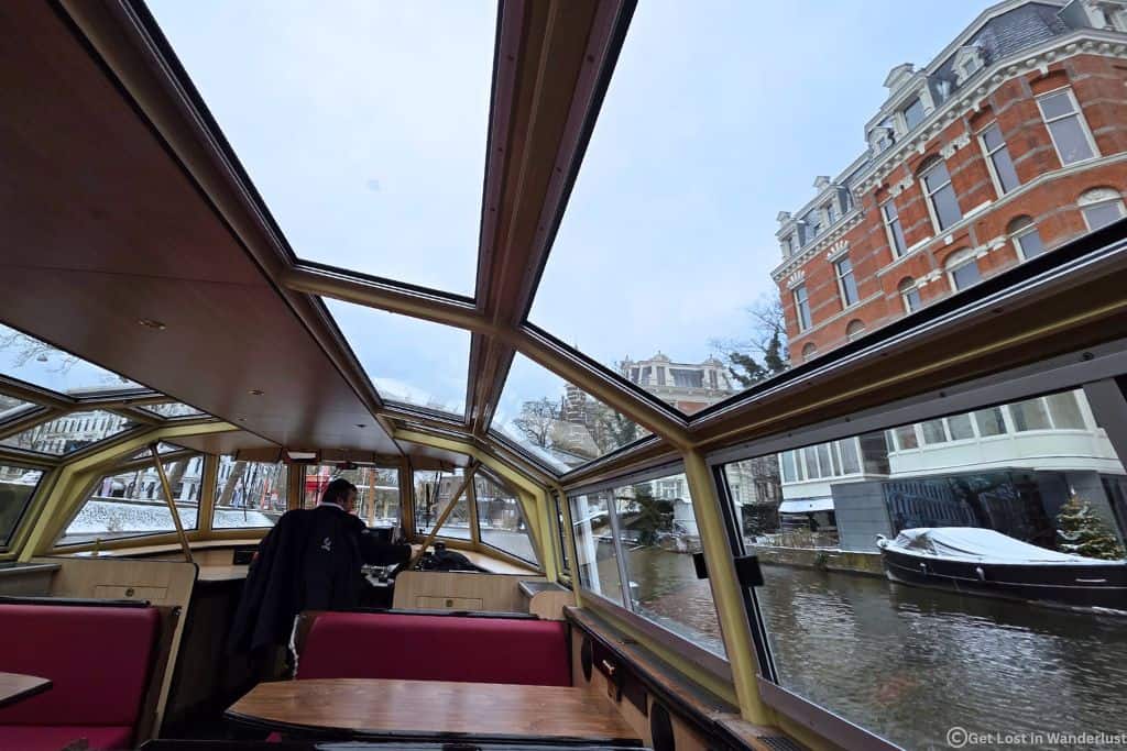 A view inside the covered canal boat.