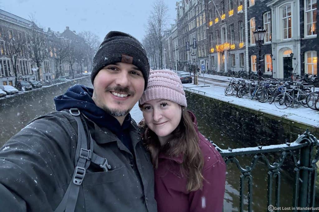 Us in the snow in front of one of the canals in Amsterdam.