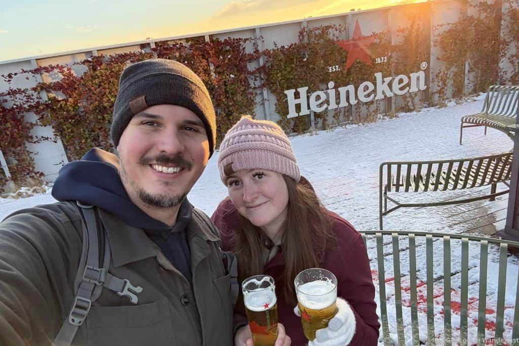 Us at the Heineken Experience rooftop bar in Amsterdam.