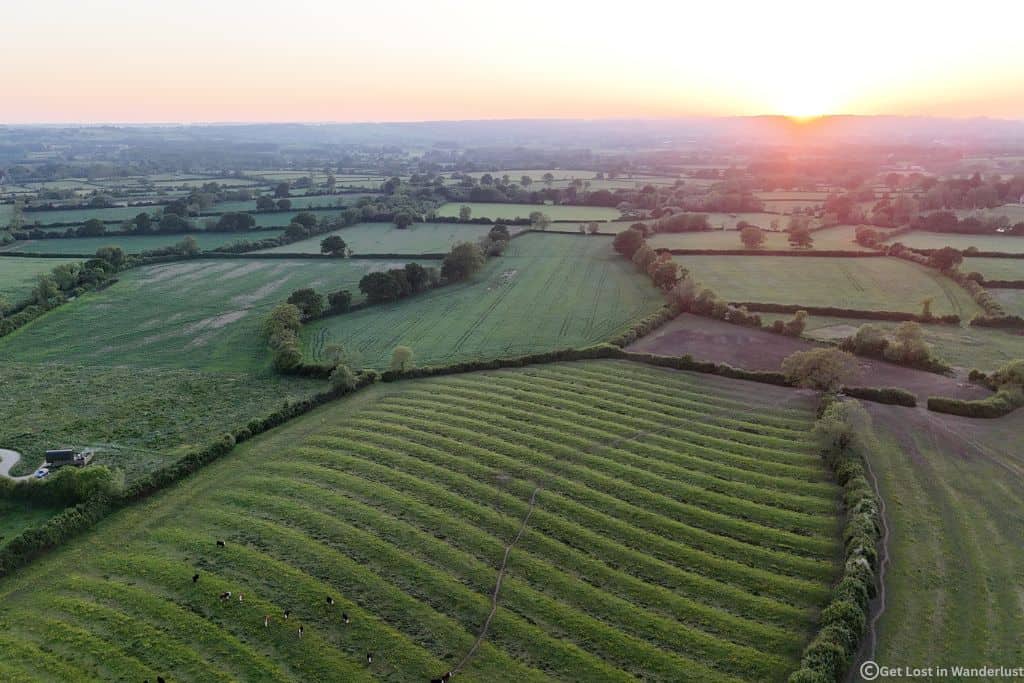 Drone view over the English countryside at sunset