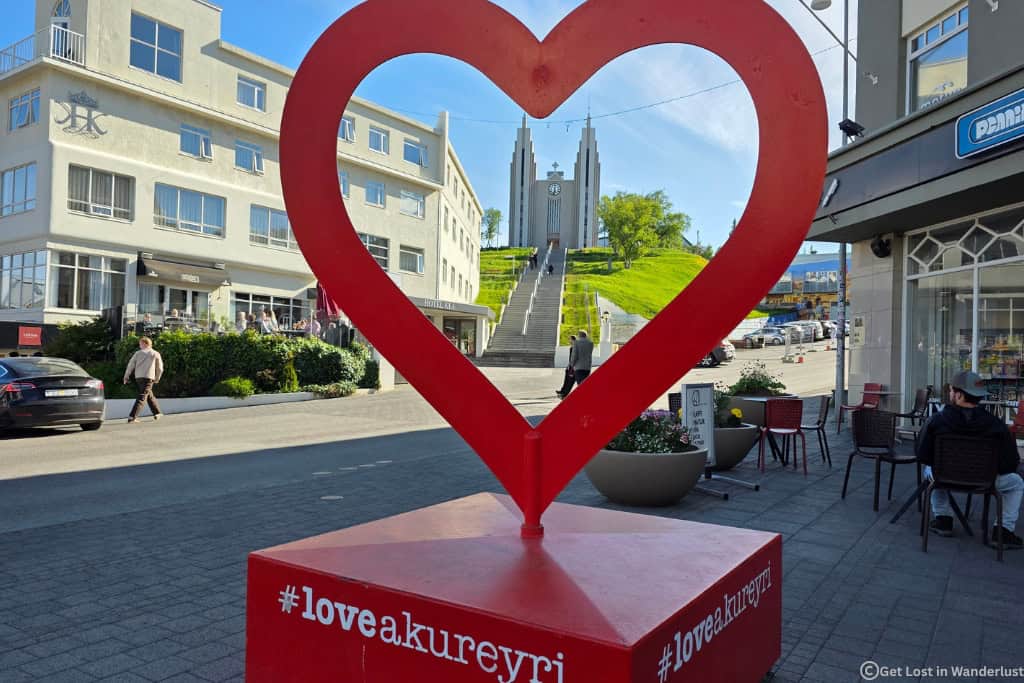 Heart in front of the church in downtown Akureyri, the largest town in North Iceland.