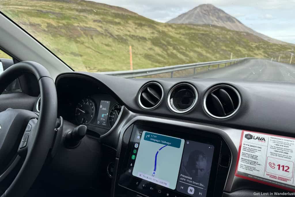 Google Maps navigation on the Suzuki Vitara's large touchscreen from Lava Car Rental while driving Iceland's Ring Road.