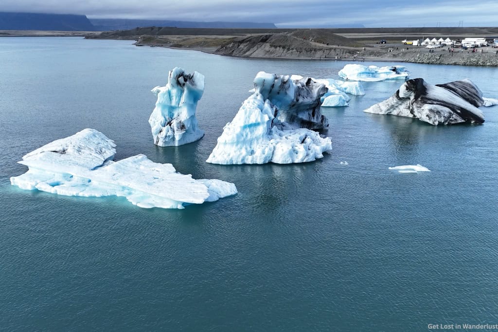 Icebergs floating in Jökulsárlón Glacier Lagoon, one of Iceland's most famous natural attractions on the South Coast.
