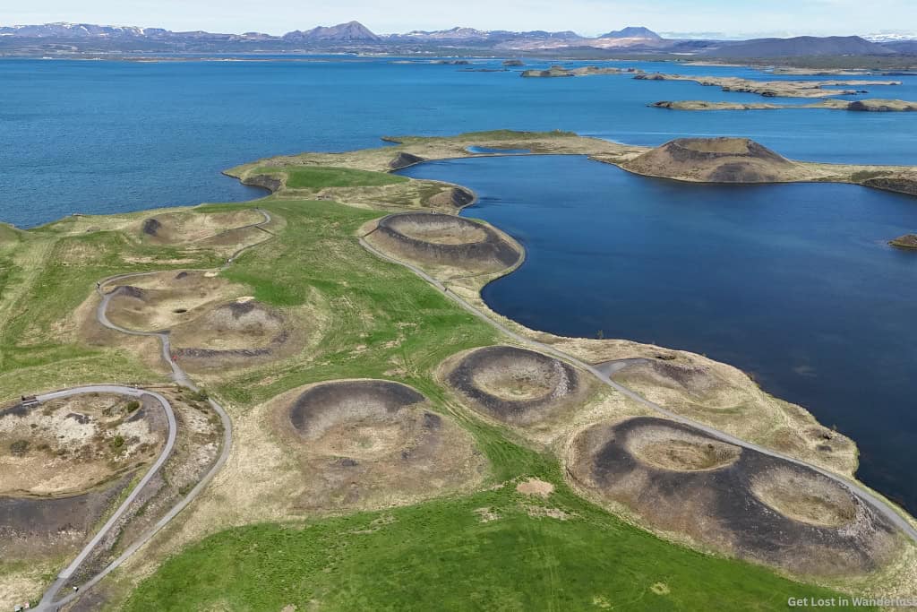 Skútustaðagígar pseudocraters overlooking Lake Mývatn, a popular stop while driving the Ring Road in Iceland.