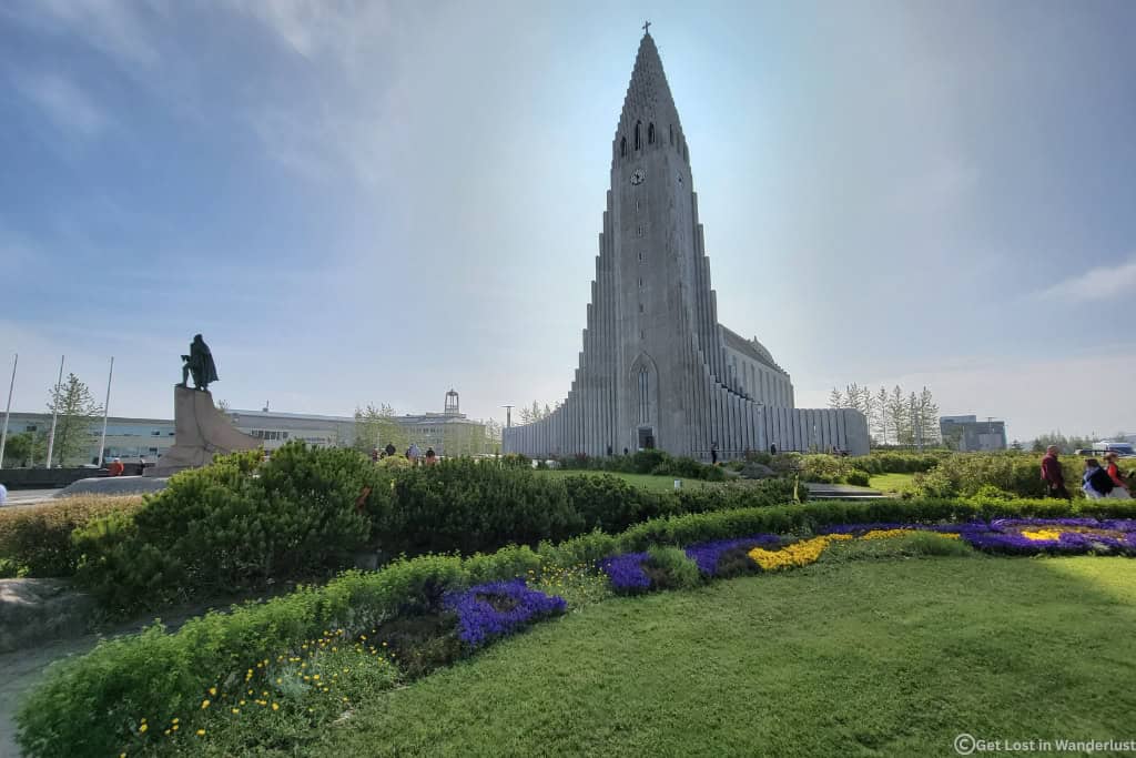 Hallgrímskirkja Church in downtown Reykjavík, a famous Iceland landmark known for its unique architecture and city views.