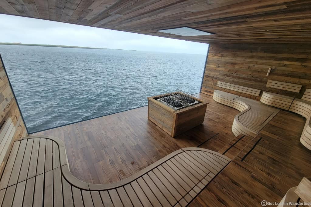 Sauna overlooking the ocean at Sky Lagoon.