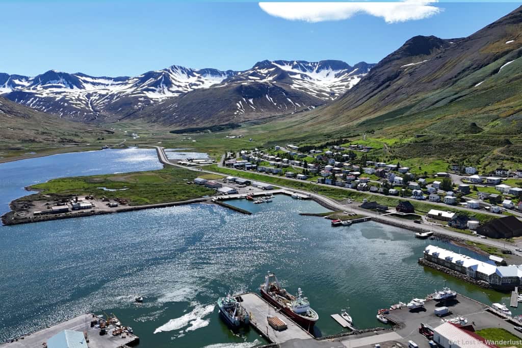 View of Siglufjörður fishing village on the Tröllaskagi Peninsula, one of the most scenic drives in North Iceland.