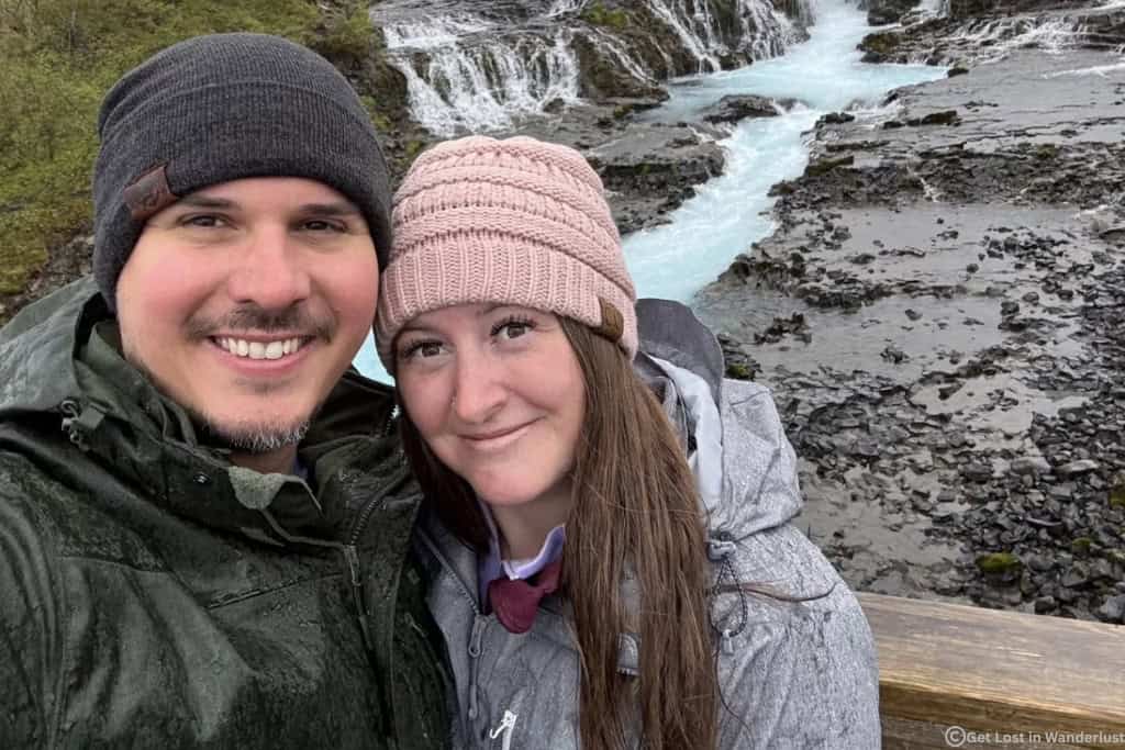 Us at Brúarfoss Waterfall near Iceland's Golden Circle.