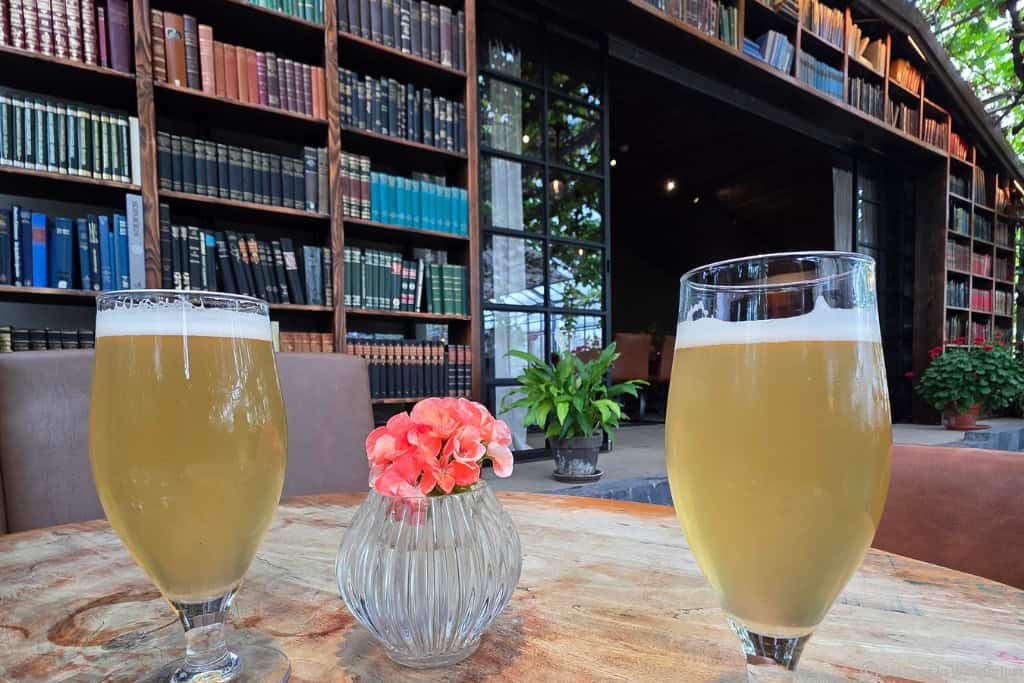 Friðheimar wine and bistro, showing two glasses of the famous tomato beer.