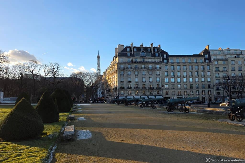 View of the Eiffel Tower from the 7th Arrondissement in Paris during winter