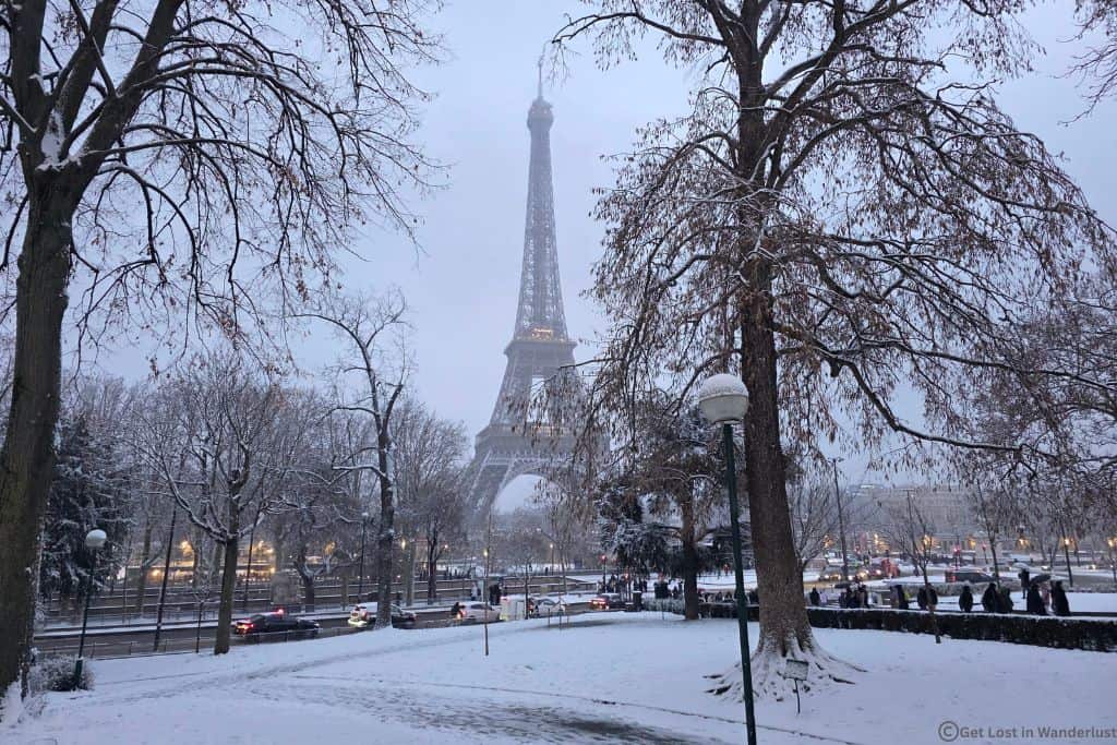 Eiffel Tower surrounded by snow-covered trees during winter in Paris