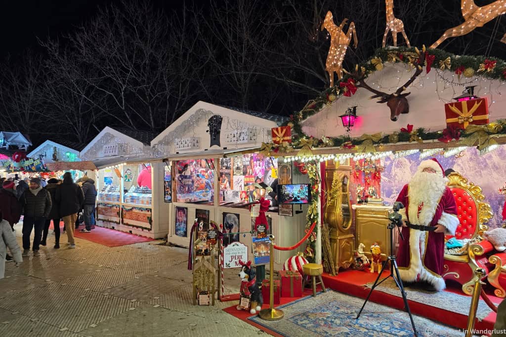 The Tuileries Christmas market in Paris, featuring a Santa Claus display