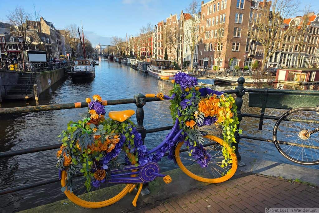Flower-covered bicycle beside a canal in Amsterdam’s Jordaan neighborhood, with historic canal houses and boats in the background.