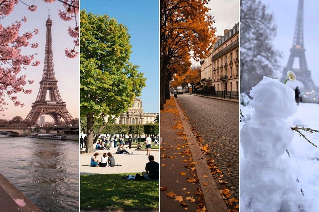 Photo showing the 4 different seasons in Paris: Spring, Summer, Fall, & Winter